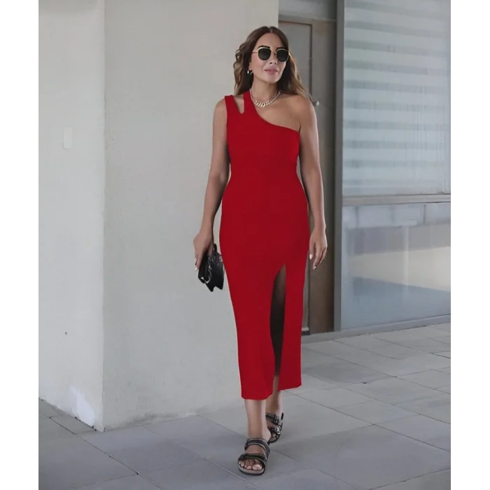 Kadın Kolsuz Tek Omuz Damla Detay JanJan Krep Elbise