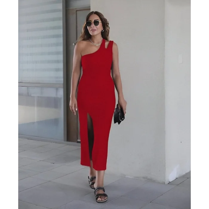 Kadın Kolsuz Tek Omuz Damla Detay JanJan Krep Elbise