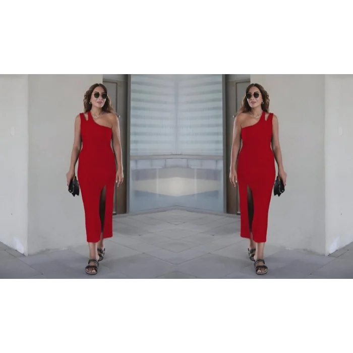 Kadın Kolsuz Tek Omuz Damla Detay JanJan Krep Elbise