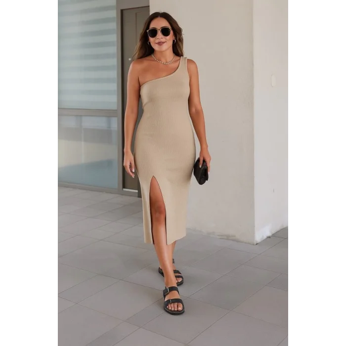 Kadın Kolsuz Tek Omuz Damla Detay Ottoman Kumaş Elbise