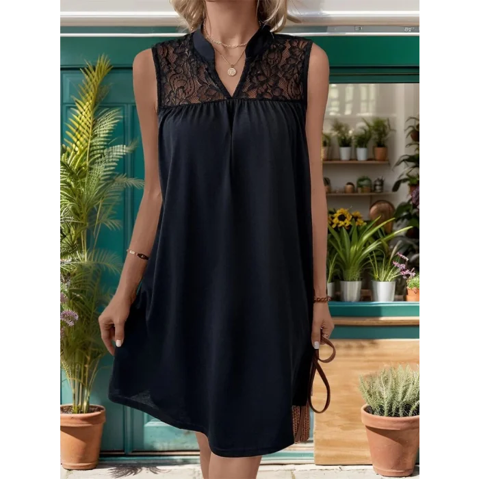 Kadın Kolsuz V Hakim Yaka Dantelli Janjan Krep Elbise