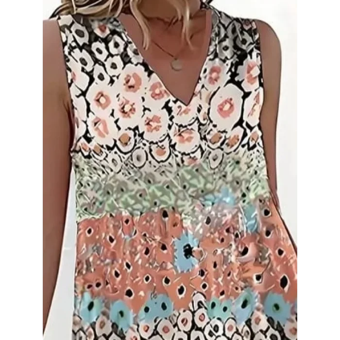 Kadın Kolsuz V Yaka çiçek Desenli Süprem Elbise