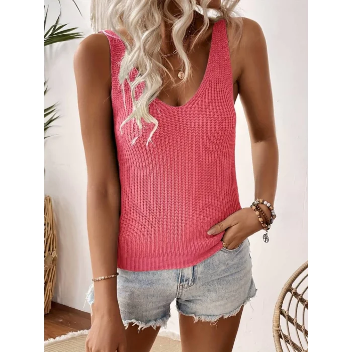 Kadın Kolsuz V Yaka Kalın Askılı Triko Bluz