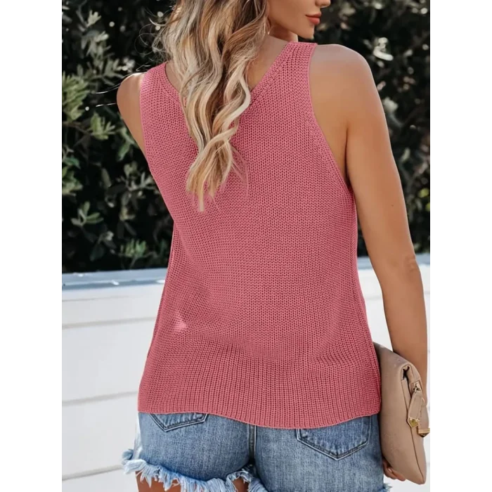 Kadın Kolsuz V Yaka Kalın Askılı Triko Bluz