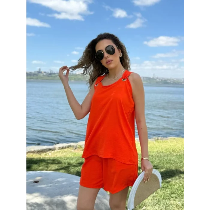 Kadın Kolsuz V Yaka Kuş Gözü Detay Bluz Short Aerobin Ikili Takım