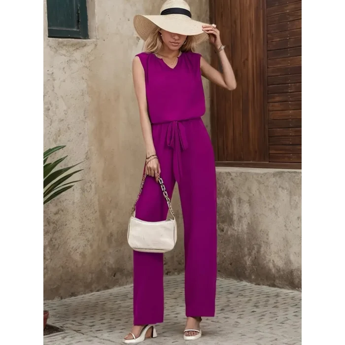 Kadın Kolsuz V Yakalı Aerobin Bluz Ve Belden Kuşaklı Pantolon Ikili Takım