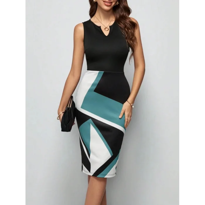 Kadın Kolsuz V Yakalı Geometrik Desenli Midi Dalgıç Elbise