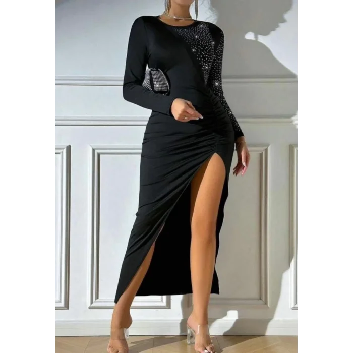 Kadın Krep Dalgıç Kumaş Taş Aksesuarlı Yırtmaç Detaylı Uzun Kollu Elbise