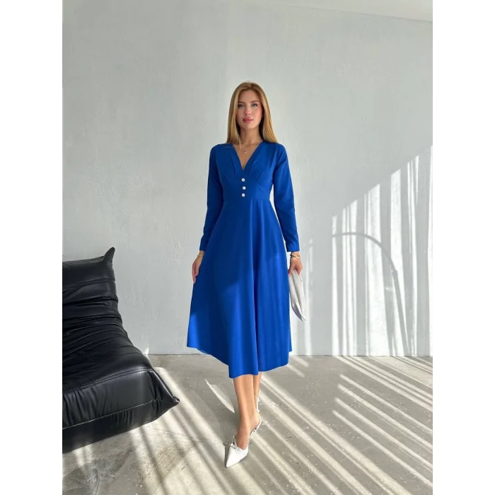 Kadın Krep Kumaş Düğme Detaylı V Yaka Uzun Kollu Midi Boy Elbise