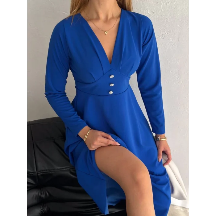 Kadın Krep Kumaş Düğme Detaylı V Yaka Uzun Kollu Midi Boy Elbise