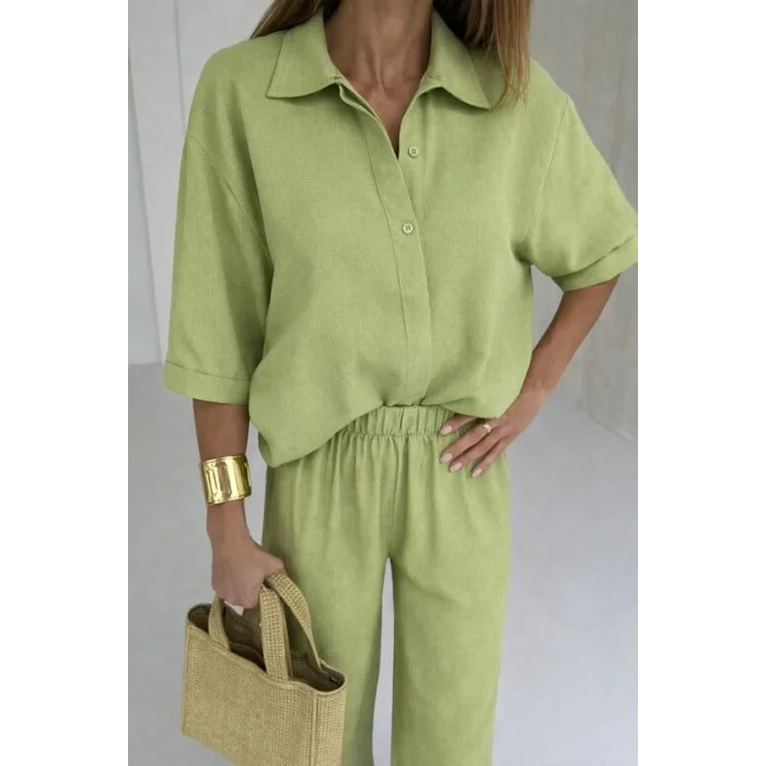 Kadın Krep Kumaş Gömlek Ve Ispanyol Paça Pantolon Ikili Takım