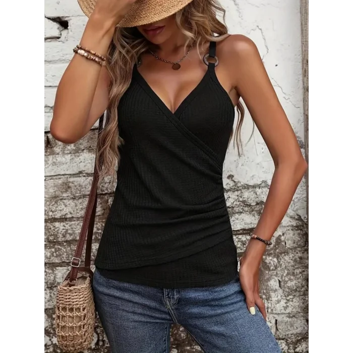 Kadın Kruvaze Yaka Askı Halka Aksesuar Detay Waffle Bluz