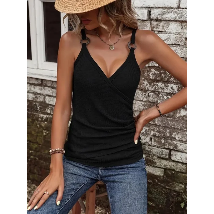 Kadın Kruvaze Yaka Askı Halka Aksesuar Detay Waffle Bluz