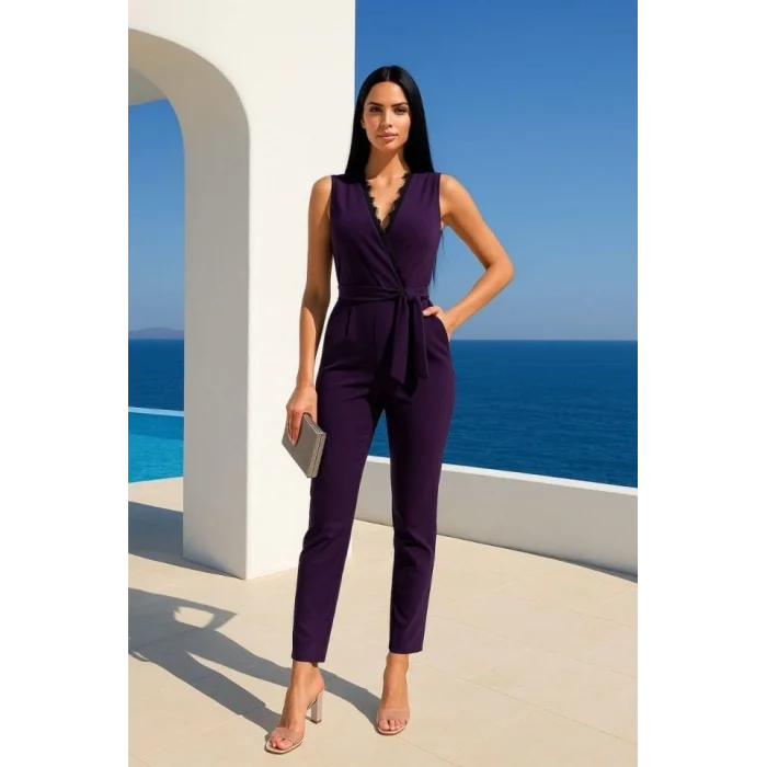 Kadın Kruvaze Yaka Dantel Güpür Ve Kuşak Detay Tulum