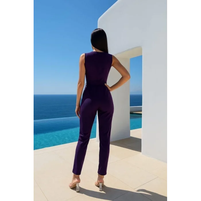 Kadın Kruvaze Yaka Dantel Güpür Ve Kuşak Detay Tulum