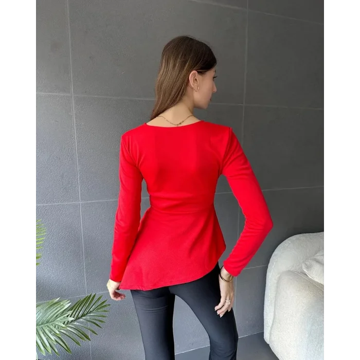 Kadın Kruvaze Yaka Kemer Detay Asimetrik Kesim Bluz