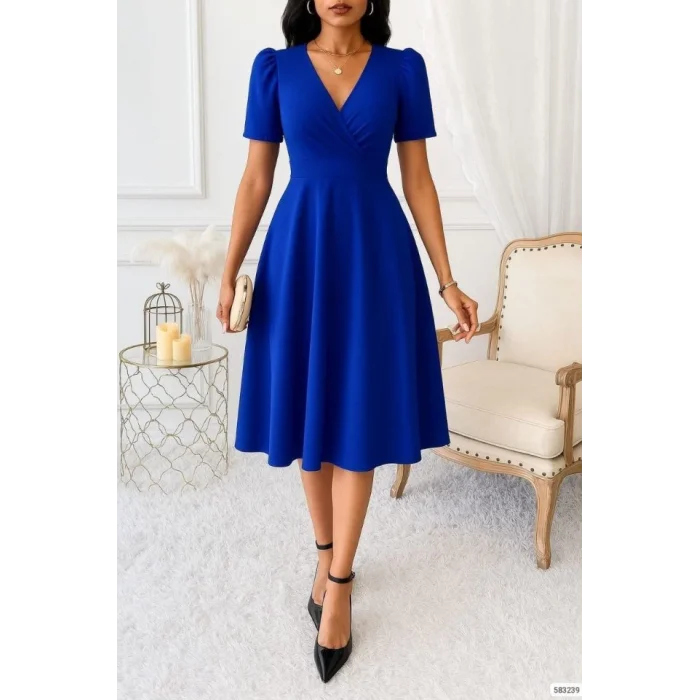 Kadın Kruvaze Yaka Kısa Kollu Midi Boy Krep Kumaş Elbise