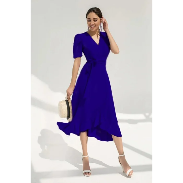 Kadın Kruvaze Yaka Midi Boy Kuşaklı Krep Elbise 120 Cm