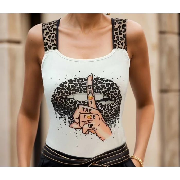 Kadın Leopar Askılı Leopar Baskılı Mikro Kumaş Bluz