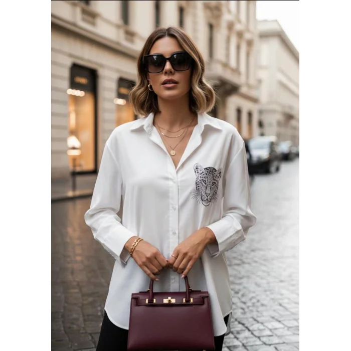 Kadın Leopar Baskılı Taş Işlemeli Jessica Kumaş Gömlek