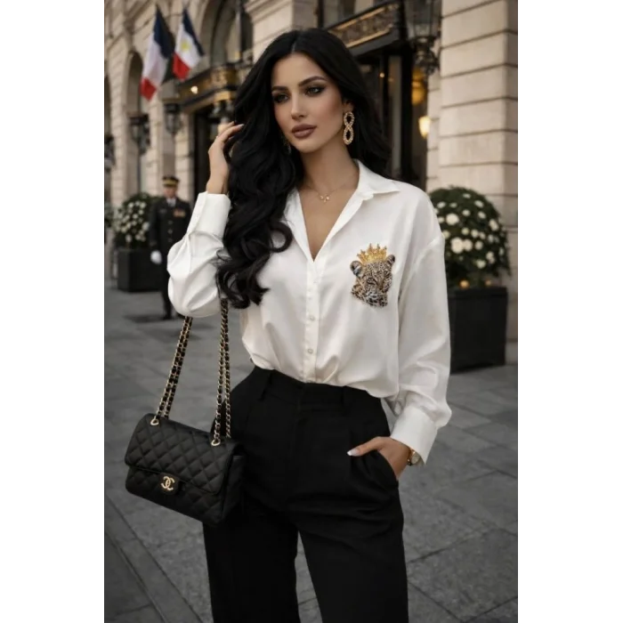 Kadın Leopar Baskılı Taş Işlemeli Jessica Kumaş Gömlek