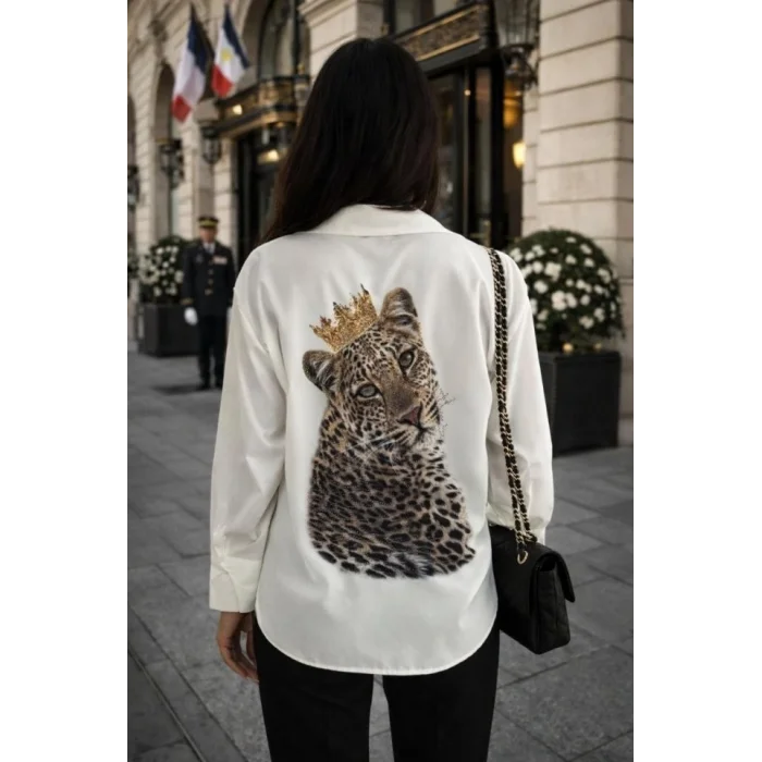 Kadın Leopar Baskılı Taş Işlemeli Jessica Kumaş Gömlek