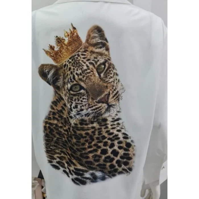 Kadın Leopar Baskılı Taş Işlemeli Jessica Kumaş Gömlek