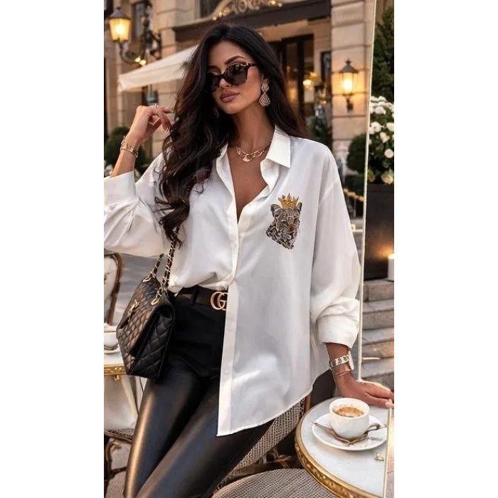 Kadın Leopar Baskılı Taş Işlemeli Jessica Kumaş Gömlek