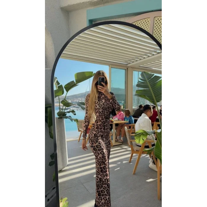 Kadın Leopar Desenli Sırt Dekoltelı Maxı Boy Elbise