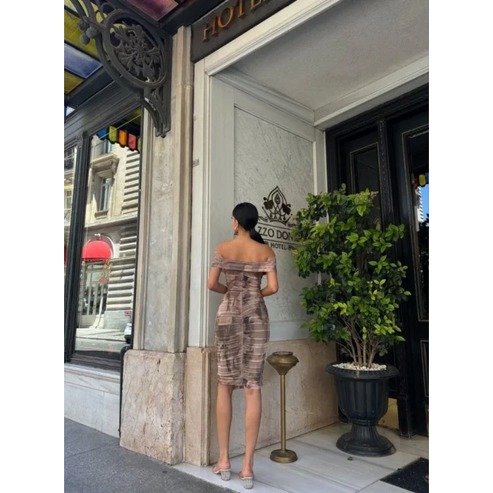 Kadın Madonna Yaka Dalga Desen Midi Boy şifon Elbise