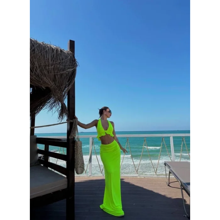 Kadın Mayo Kumaş Bağlamalı Crop Ve Maxi Boy Etek Ikili Takım