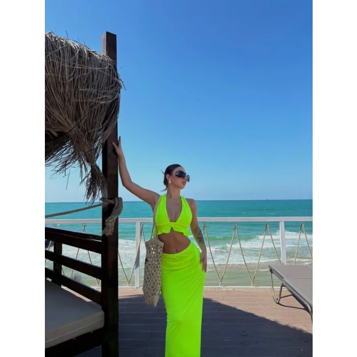 Kadın Mayo Kumaş Bağlamalı Crop Ve Maxi Boy Etek Ikili Takım