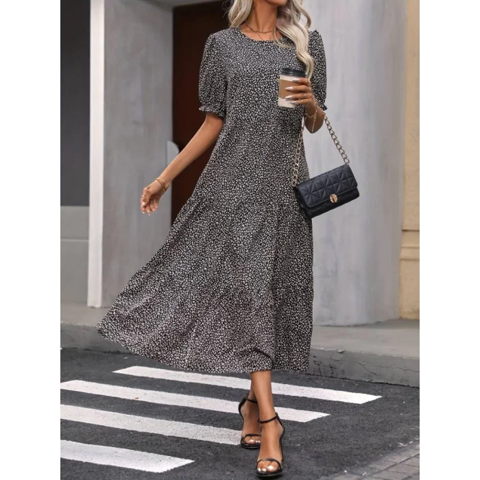 Kadın Mini Leopar Desen Midi üç Kat Elbise