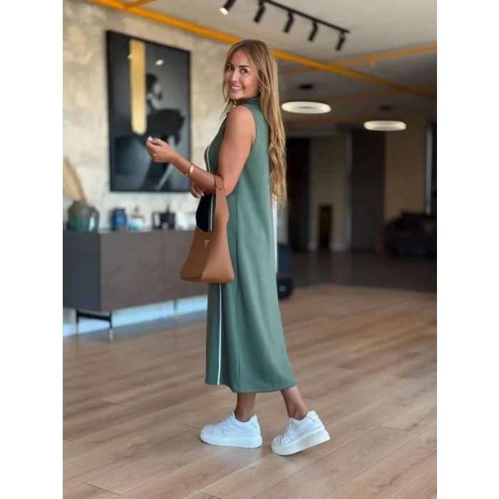 Kadın Modal Kumaş şerit Detaylı Fermuarlı Midi Elbise