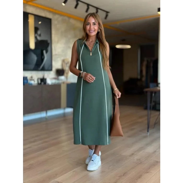 Kadın Modal Kumaş şerit Detaylı Fermuarlı Midi Elbise