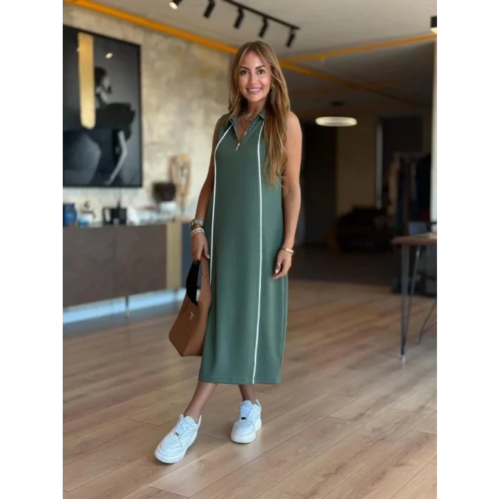 Kadın Modal Kumaş şerit Detaylı Fermuarlı Midi Elbise