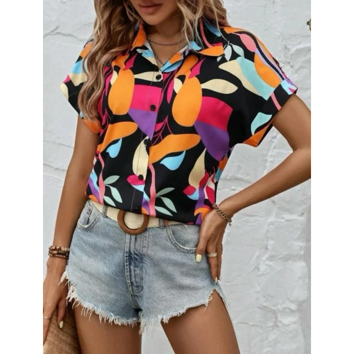 Kadın Moss Krep Kumaş Kısa Kol Çiçek Desenli Gömlek