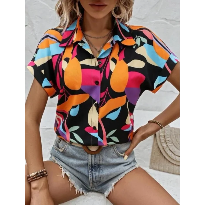 Kadın Moss Krep Kumaş Kısa Kol Çiçek Desenli Gömlek