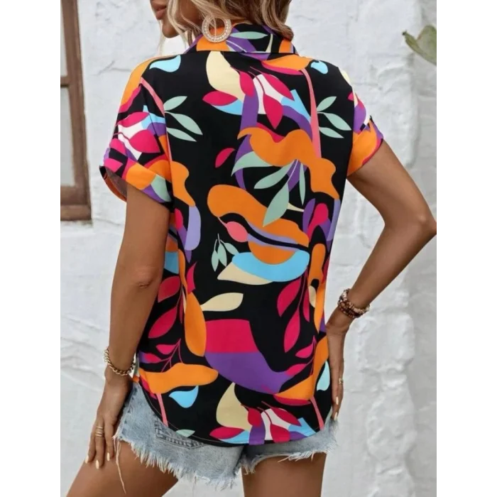 Kadın Moss Krep Kumaş Kısa Kol Çiçek Desenli Gömlek