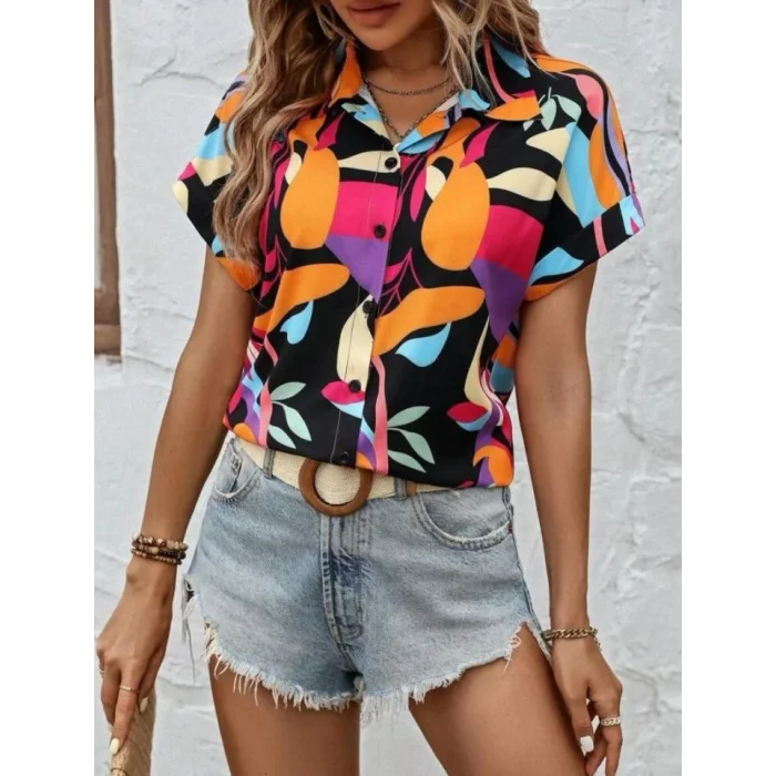 Kadın Moss Krep Kumaş Kısa Kol Çiçek Desenli Gömlek