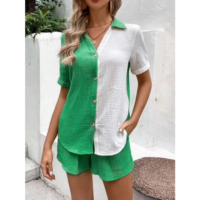 Kadın Müslim Keten Kumaş çiftren şort Gömlek Takım