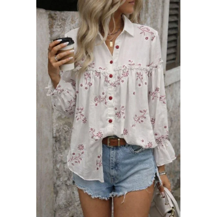 Kadın Nakış Işlemeli Kolu Volanlı Gömlek