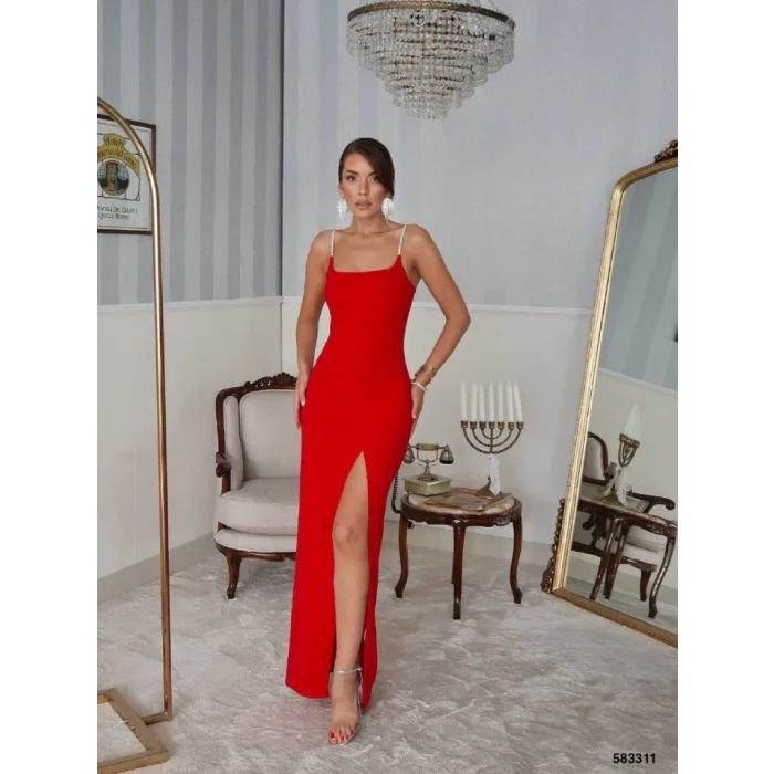 Kadın Omuz Askılı Derin Yırtmaç Detay Maxi Boy Elbise