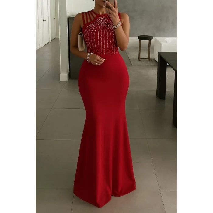 Kadın Omuz çoklu Askılı önü Taş Işlemeli Balık Kesim Janjan Krep Maxi Boy Elbise