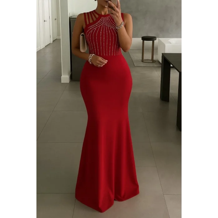 Kadın Omuz çoklu Askılı önü Taş Işlemeli Balık Kesim Janjan Krep Maxi Boy Elbise