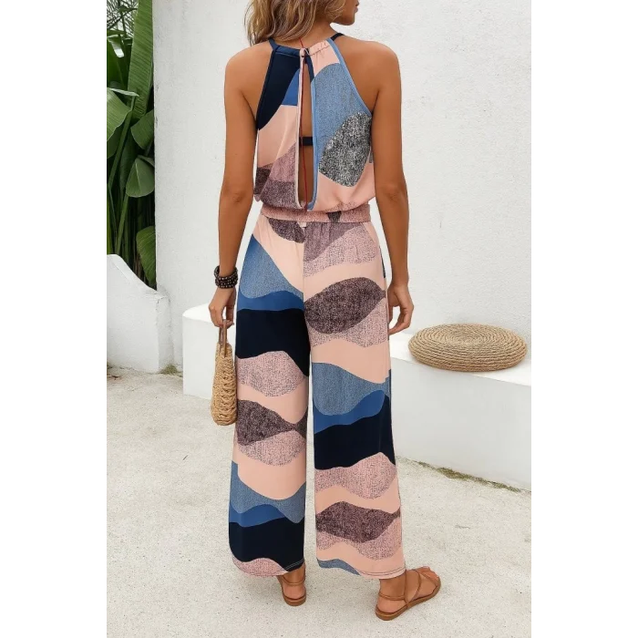 Kadın Omuzlardan Açık Boyundan Geçmeli Beli Lastikli Desenli Dalgıç Tulum