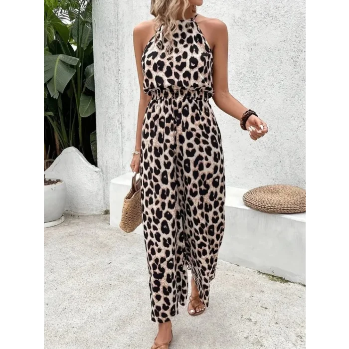 Kadın Omuzlardan Açık Boyundan Geçmeli Beli Lastikli Desenli Dalgıç Tulum