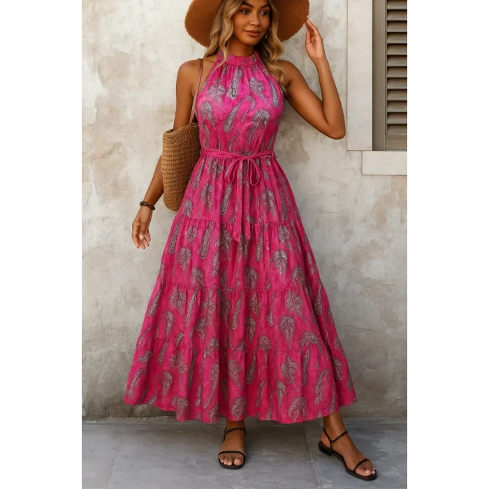 Kadın Omuzlardan Açık Boyundan Geçmeli Desenli Süprem Bluz