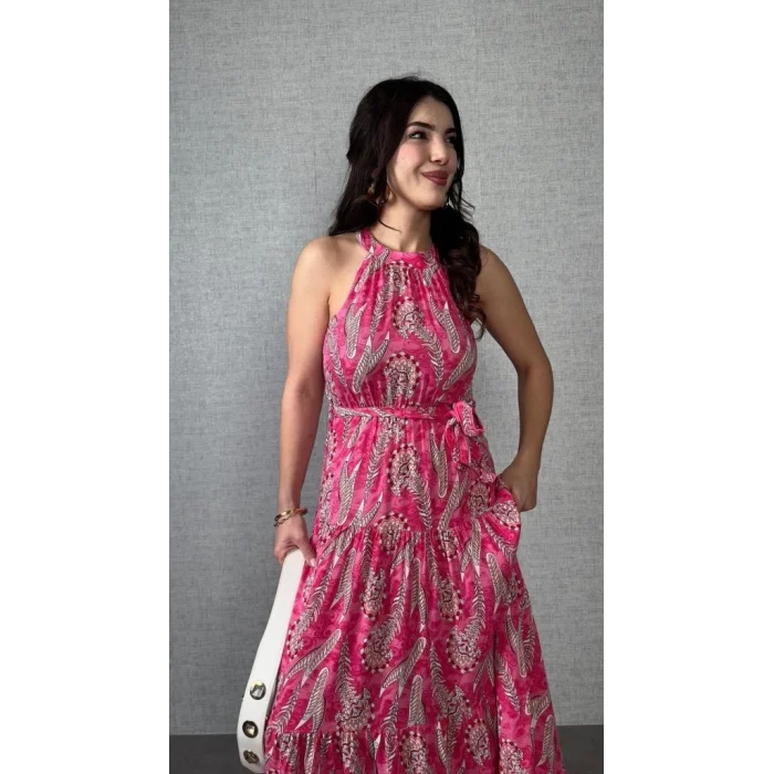 Kadın Omuzlardan Açık Boyundan Geçmeli Desenli Süprem Bluz