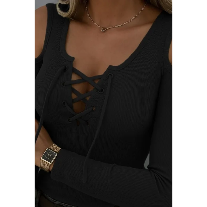 Kadın Omuzlardan Açık Uzun Kollu Bağcıklı Kaşkorse Bluz